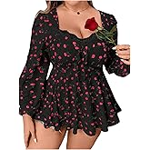 SOLY HUX Women's Plus Size T Shirt Floral Print Lace Trim Bishop Long Sleeve Ruffle Hem Tee Tops