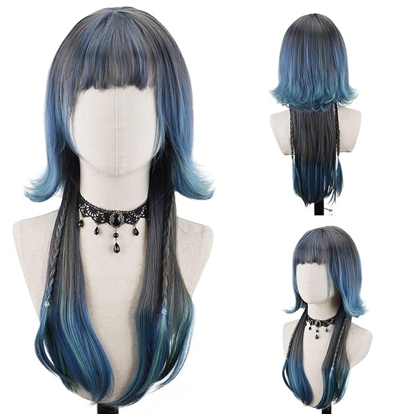 STYLER LONG STRAIGHT WIG WITH BANGS FOR WOMEN SYNTHETIC FIBER NATURAL STRAIGHT HEAT RESISTANT WIG FOR DAILY PARTY USE COSPLAY PARTY (GREEN)