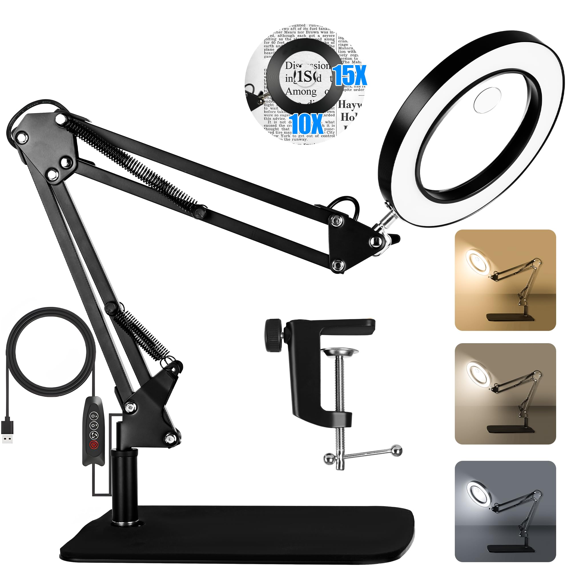 15X 10X Magnifying Glass with Light and Stand, 2 in 1 Magnifying Desk Lamp with Clamp & Base, 3 Color Modes Dimmable with Swing Arm, LED Lighted Magnifier Light for Reading, Repair, Crafts, Close Work