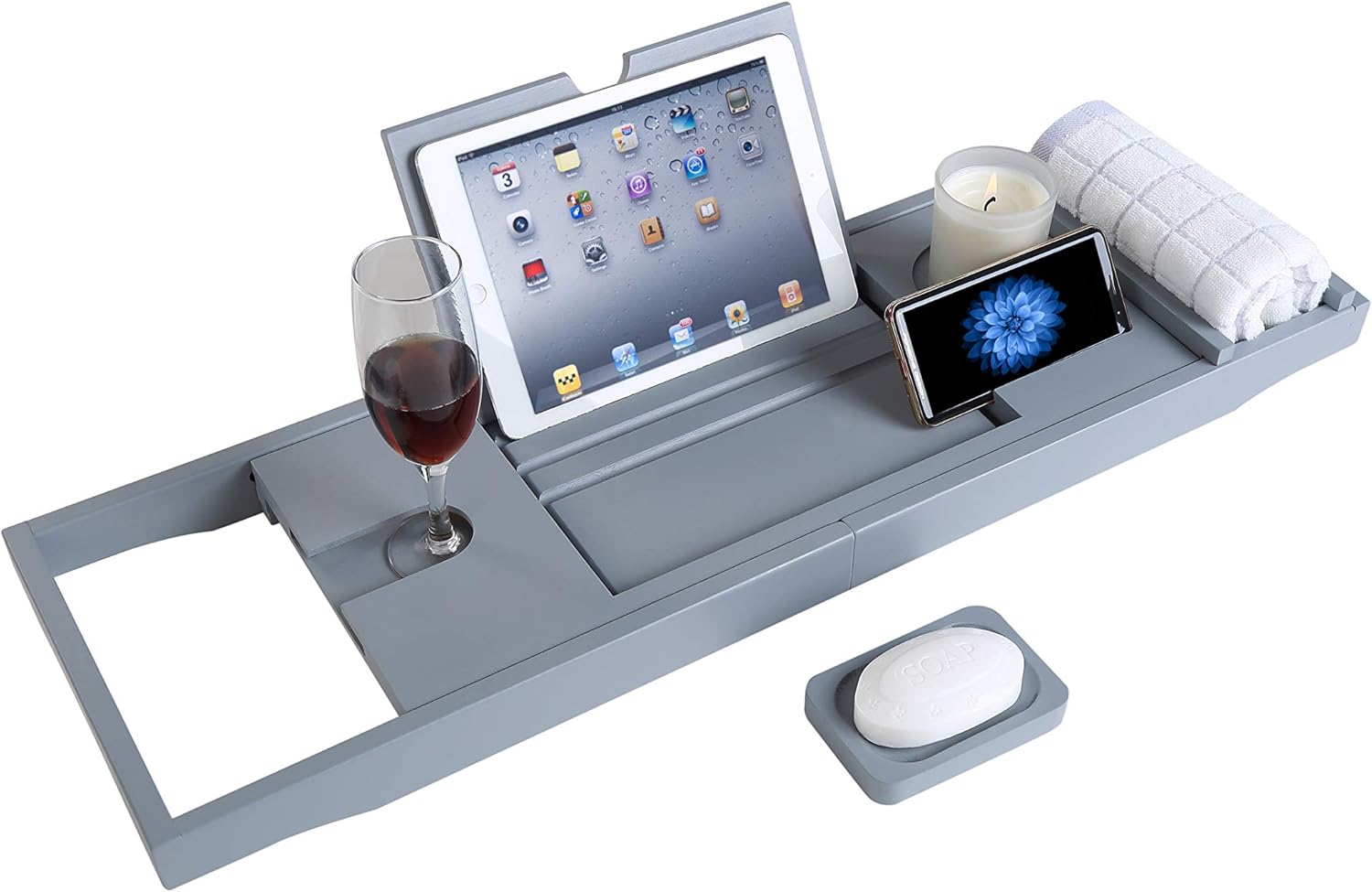 woodluv Bath Tray, Extendable Bath Caddy Trays for Bathtub Accessories with Tablet Phone Slots, Candle Mug/Cup Holder - Image 3