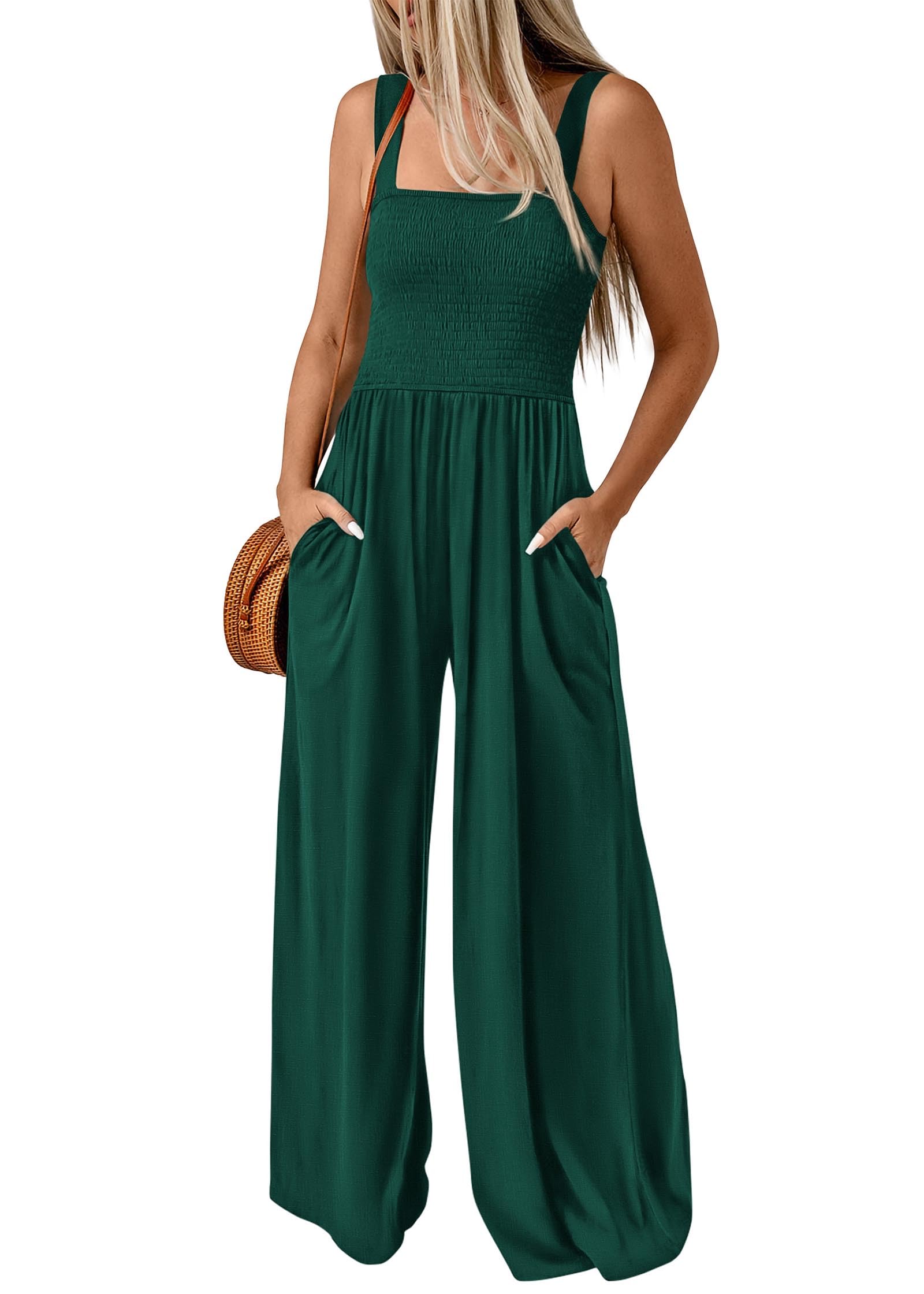 Photo 1 of KIRUNDO Rompers for Women Dressy Overalls One Piece Summer Smocked Sleeveless Sexy Jumpsuits Long Pant Jumpsuit with Pockets 2025 Spring Clothes(Green, XX-Large)