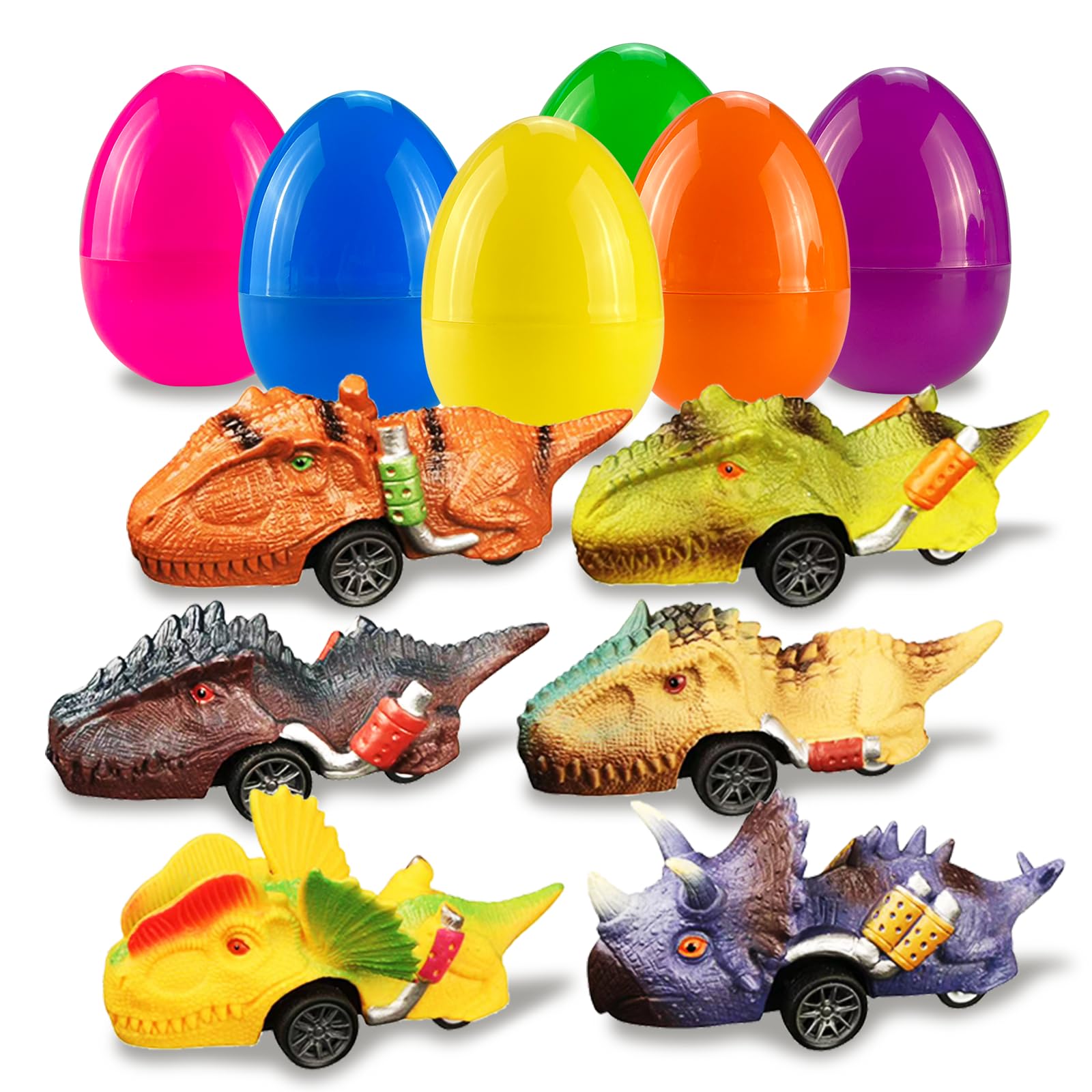 EA Kong Supplies 6 Pcs Prefilled Easter Eggs with Metal Dinosaur Car Toys Vehicles Set for Kids Girls Boys Easter Basket Stuffers Party Favors Hunting Egg