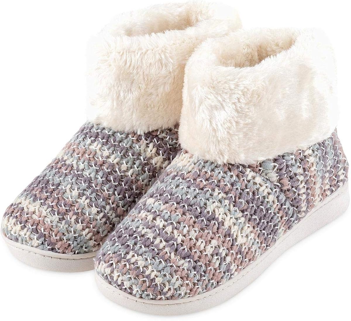 isotoner Ladies Knit Boot with Faux Fur Cuff Slippers Amazon.co.uk