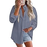Astylish Women 2026 Loose Fit Tops Cotton Linen Button Down Shirts Collared Roll Up Long Sleeve V Neck Blouses