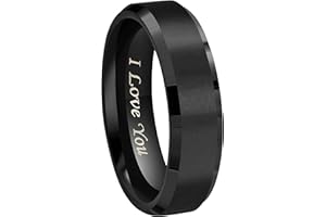 Crownal 4mm 6mm 8mm Black/Silver/Gunmetal/Gold Tungsten Wedding Couple Bands Rings Men Women Matte Brushed Finish Center Engraved "I Love You" Size 4 To 17