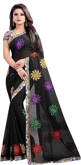 Womens Cotton Blend Embroidered Saree with Blouse Piece (Black)