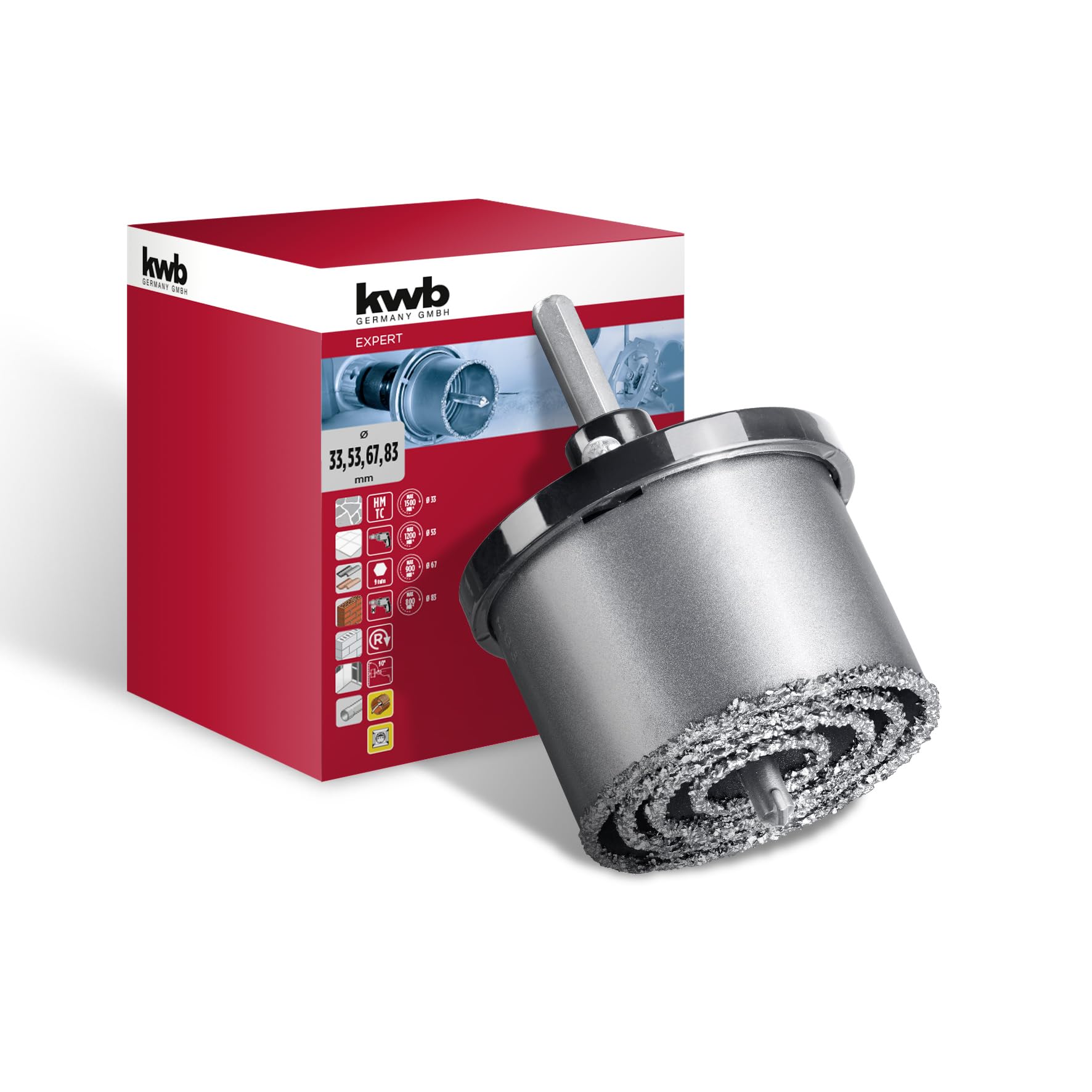 kwb 6-Piece Hole Saw Set Ø 33, 53, 67 and 83 Mm with High Cutting Performance, Long Service Life, Large Cutting Depth, Carbide-Tipped Centre Drill and Aluminium Backing Plate