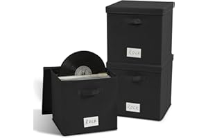 DYWMM 3 Pack Vinyl Record Storage, Linen Album Storage Organizer for Vinyl Records with Divider, LP Record Holder Crate Holds up 50+ Albums, Vinyl Record Storage Box for Album Collection(Black)