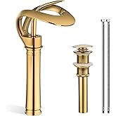 Elegant Tall Bathroom Sink Faucet Single Hole,AUU Waterfall Gold Vessel Sink Faucet Solid Brass,Single Handle Bowl Sink Faucet with Pop Up Drian Supply Line (Gold, Tall)