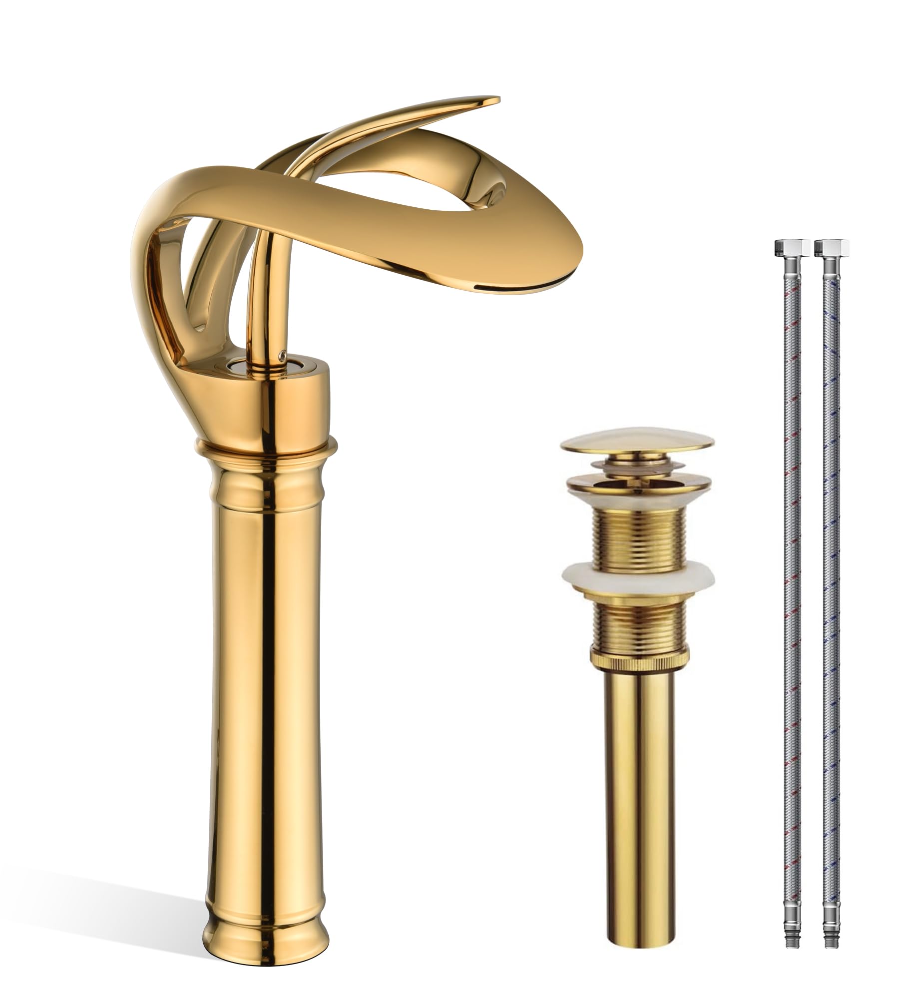 Photo 1 of Elegant Tall Bathroom Sink Faucet Single Hole,AUU Waterfall Gold Vessel Sink Faucet Solid Brass,Single Handle Bowl Sink Faucet with Pop Up Drian Supply Line (Gold, Tall)