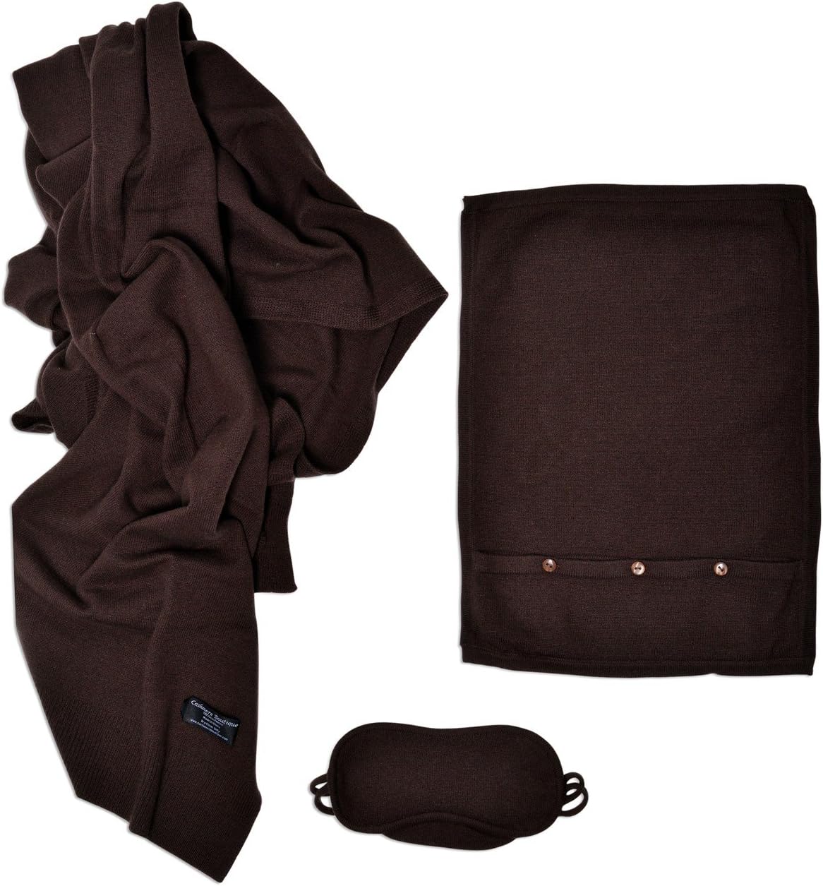 Cashmere Boutique 100% Pure Cashmere Travel Throw Set – Includes 3-in-1 Travel Blanket, Eye Mask, and Pillow Case - One Size