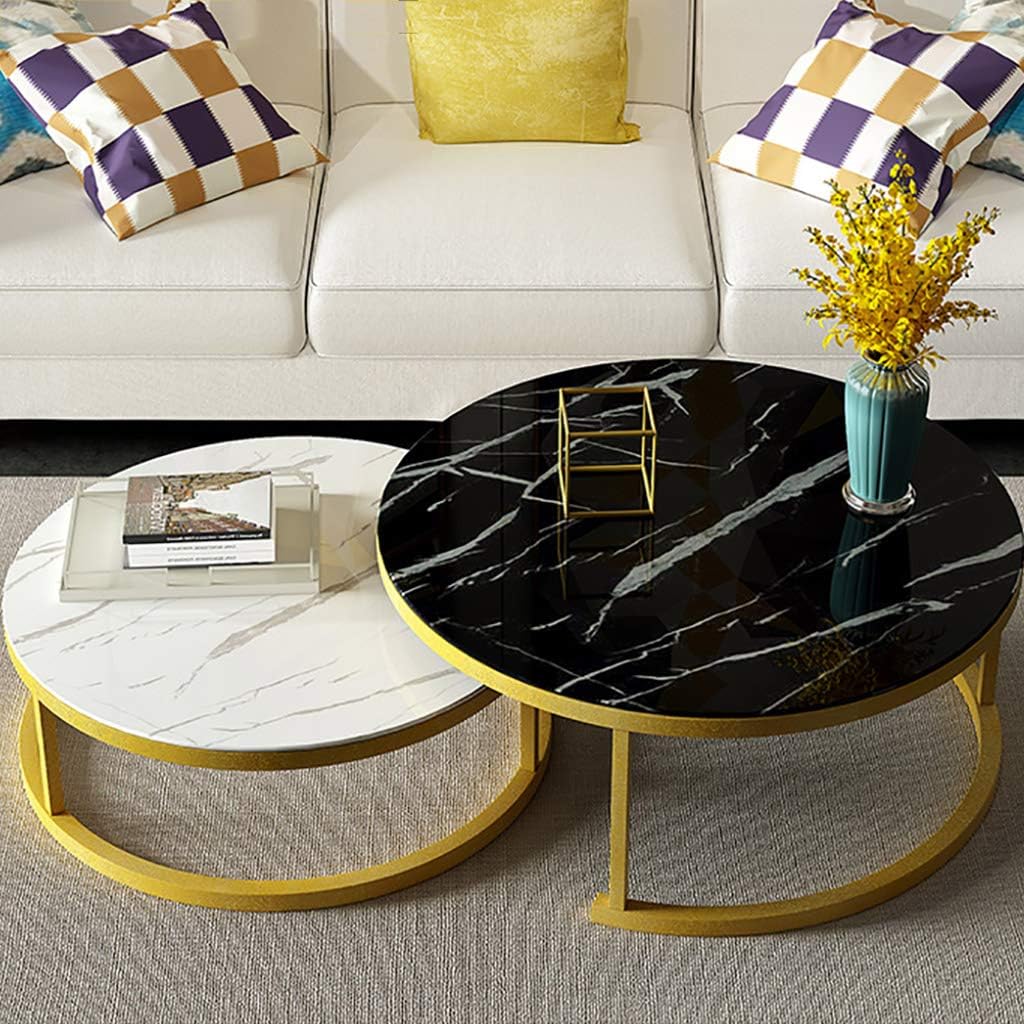 Set Of 2 Stackable Coffee Tables For Living Room, Round Elegant Nest Side Tables, Stacking Marble Texture & Metal Coffee Nesting End Tables