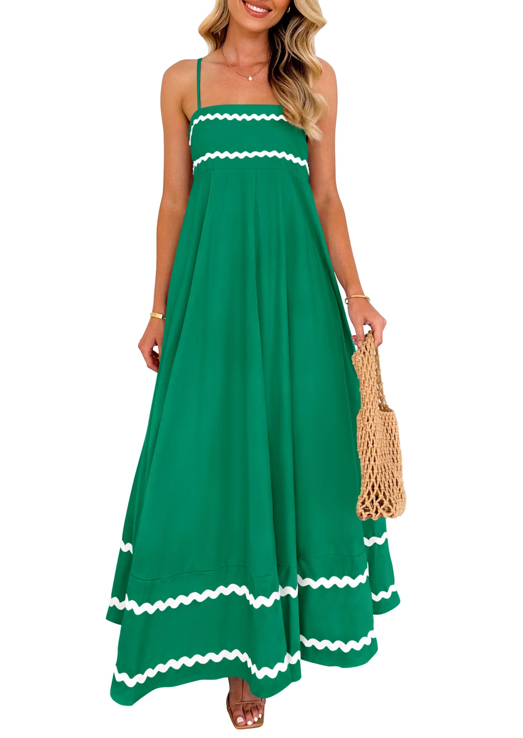 PRETTYGARDEN Women's 2026 Summer Flowy Maxi Dress Casual Sleeveless Spaghetti Strap Ruffle Beach Long Dresses (Green,Small) Image