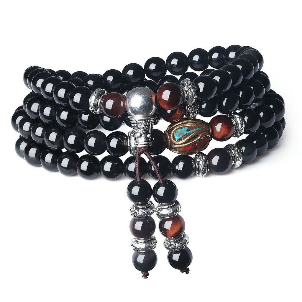 COAI Obsidian Red Tiger Eye Stone 108 Mala Beaded Prayer Wrap Bracelet Necklace