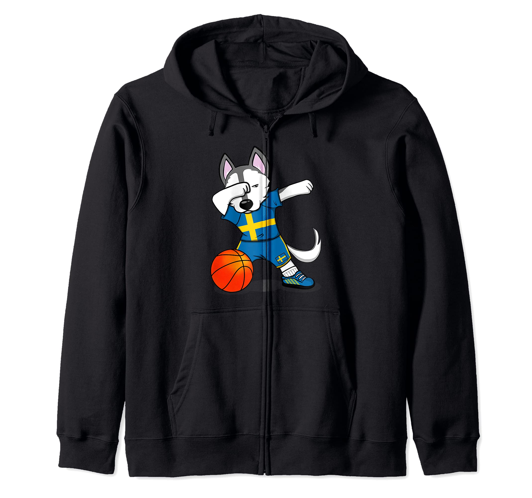Dabbing Husky Dog Sweden Basketball Fans Jersey Swedish Flag Zip Hoodie