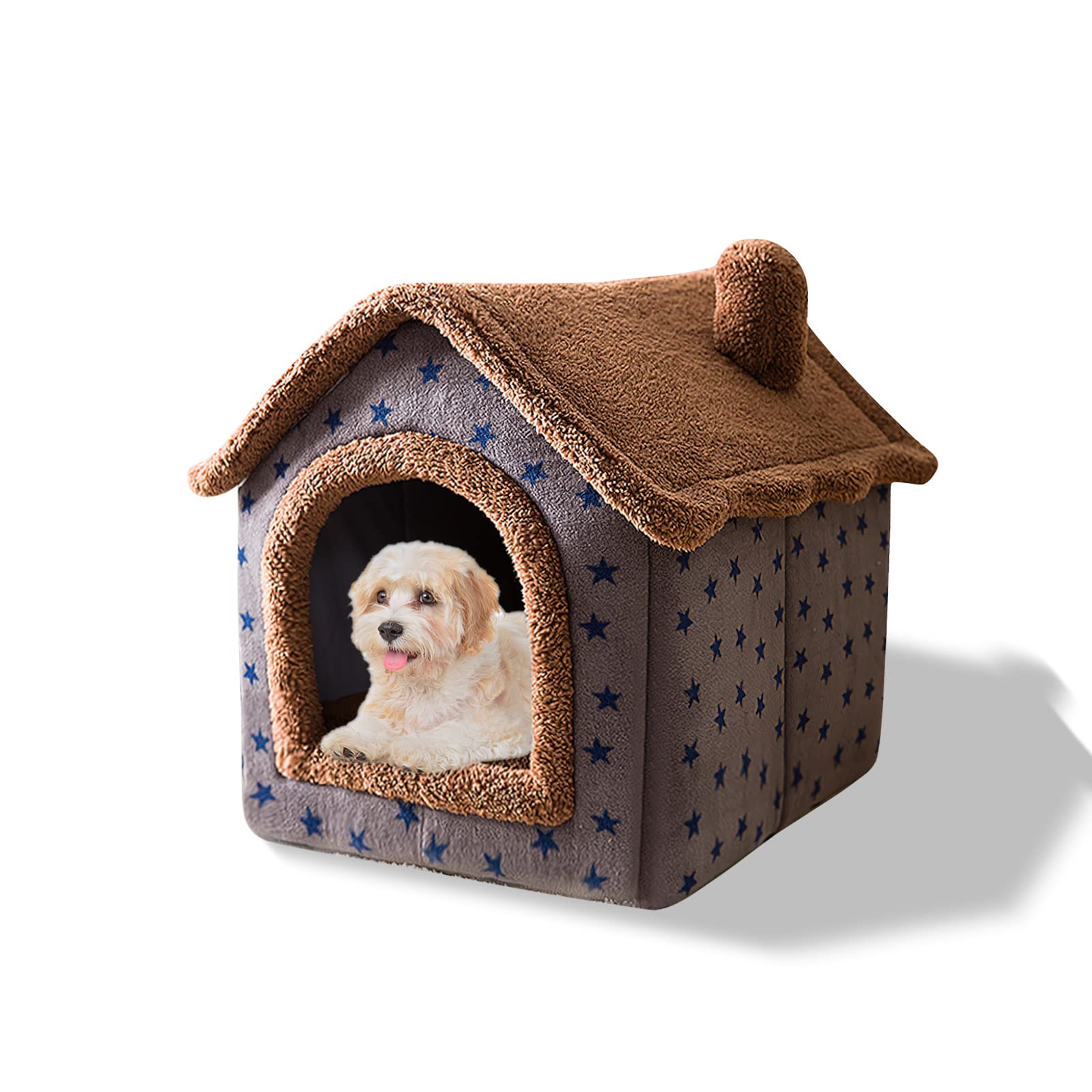 Galatée Cat Cave Bed, Washable Dog Bed, Warm And Cosy Plush Cat Igloo, Foldable Comfortable Pet Cat House, Pet Bed With Nonskid Bottom(M, Brown Stars)