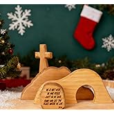 Nativity Set Indoor Christmas Decoration- 4 Pieces Empty Tomb Easter Scene and Cross Decoration, Wooden Easter Resurrection Scene Cross Jesus Tomb Tray Set, Jesus Nativity Scene Decor for Religious Home Office Tabletop Christian Gifts