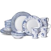 Mikasa Kiley Bone China Lightweight Chip Resistant 16 Piece Dinnerware Set, Service for 4,Blue and White
