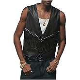 BEAUDRM Men's PU Leather Outerwear Vest Y2k Studded Tassel Deep V Neck Western Jacket