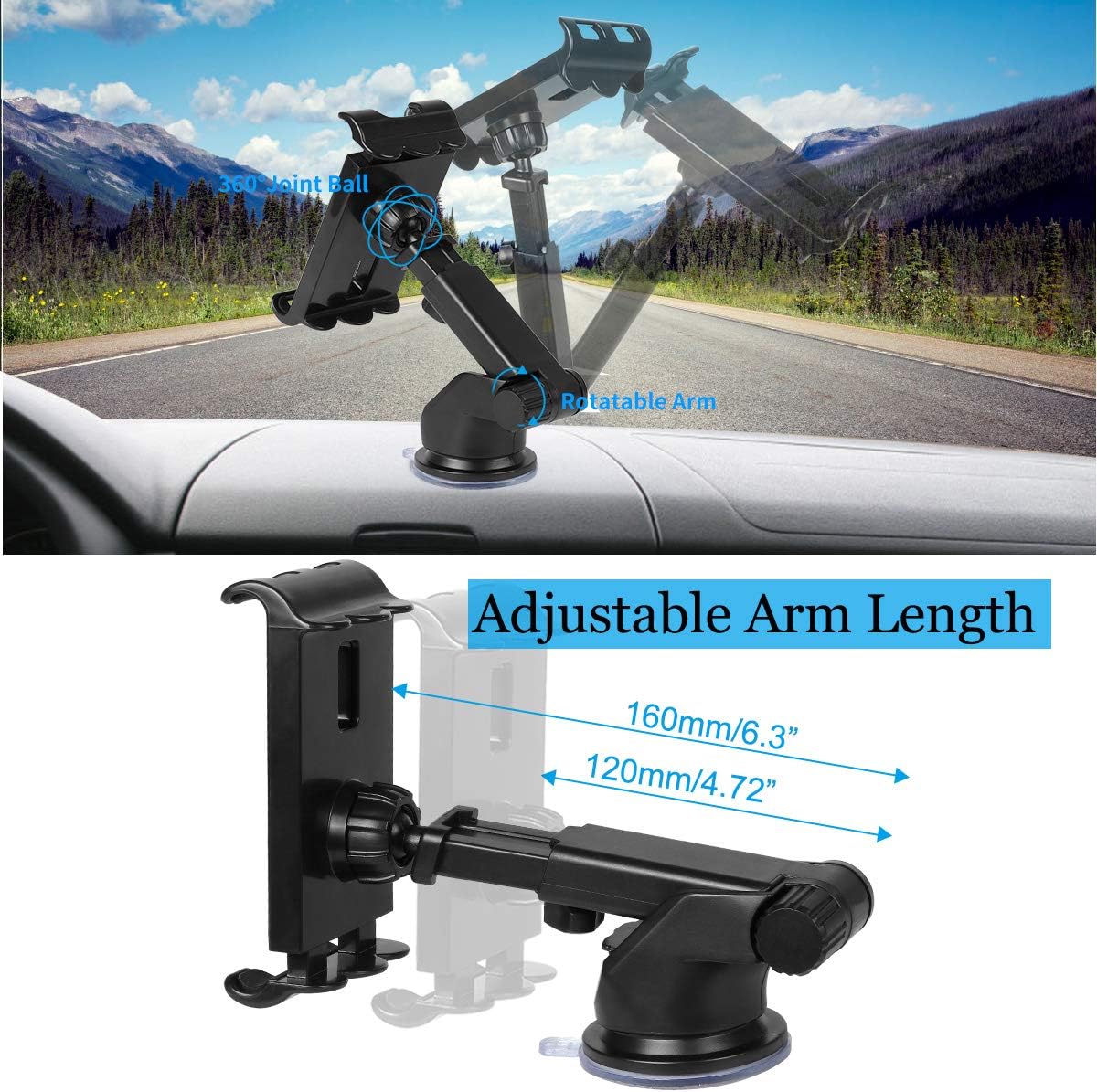 Car Tablet Mount for Windshield Window & Air Vent, 7"-10.5" Tablet Holder, 4.5"-6.5" Phone Mount, Compatible iPad Pro 10.5/Air/Mini/iPhone Xs/XS MAX/XR/X/8/8Plus/7/7Plus, Galaxy S7/S8/S10 etc (Black)