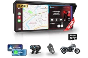 JANSITE 8.1" Largest Motorcycle Carplay Screen w 4K Dual Dash Cam, Waterproof Car Play and Android Auto Navigation Screen, Loop Recording, Dual Bluetooth, Voice Assistant, Wired Controller, TF-64G