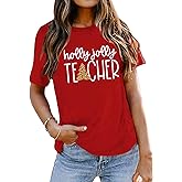 Women Holly Jolly Teacher Shirt Christmas Tree Graphic Print Short Sleeve Xmas Holiday Tee Tops