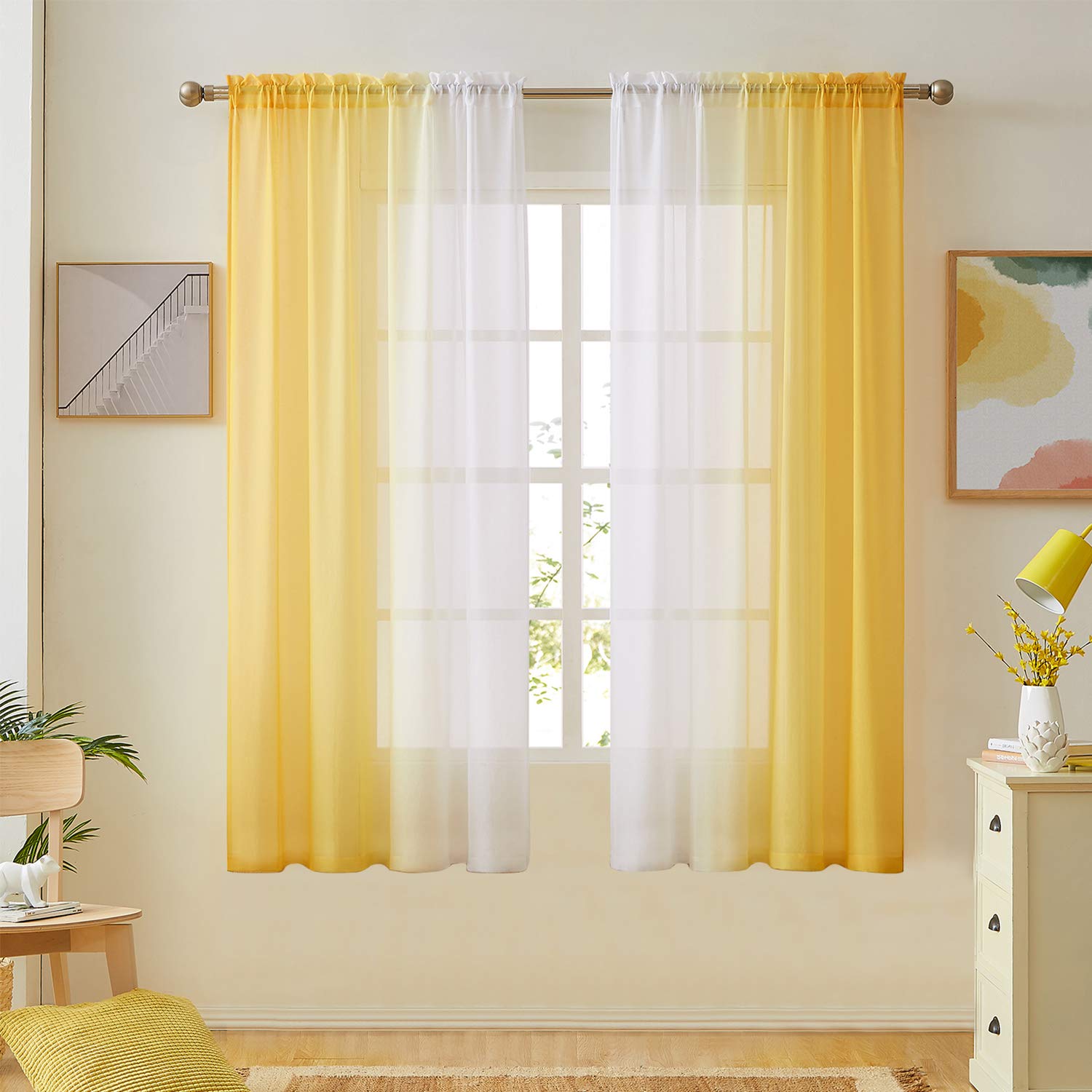 Ombre Faux Linen Sheer Curtains for Bedroom Living Room Rod Pocket, Privacy and Light Filtering, 2 Tone Reversible Gradient Voile Semi Window Curtains, Set of 2 Panels, Yellow, 54 x 63 Inch Length