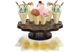 AVLA Ice Cream Cone Holder with 100 Wooden Cones, 36 Holes Waffle Cone Display Stand, Snack Tray for Wedding, Hand Roll Sushi Popcorn Rack for Birthday Party, Buffet, Restaurant, Food Truck
