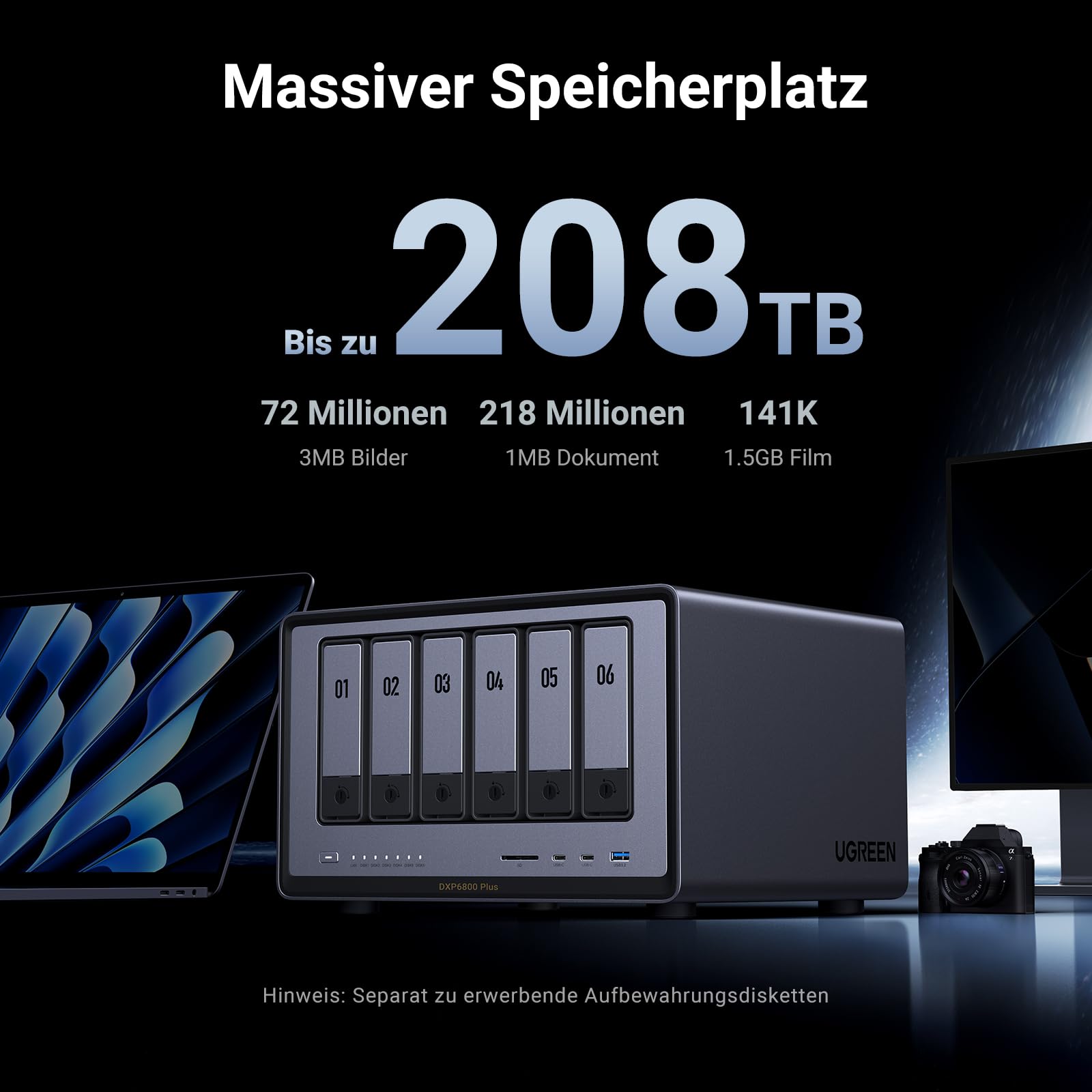 UGREEN NASync DXP6800 Plus 6-Bay NAS Server, Intel i3-1215U 6-Kern, 8GB DDR5, eingebaute 128GB SSD, 2,5GbE & 10GbE LAN, 2×M.2 NVMe, 4K HDMI, Kompatibel mit Drittanbieter HDD/SSD (Diskless) 4