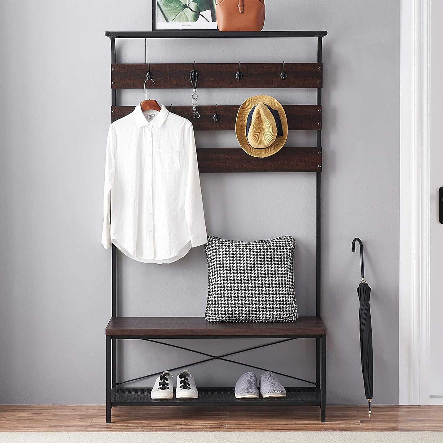 MHAOSEHU Entryway Coat Rack Bench, Modern Hall Tree with Storage Bench, Wood and Metal Hallway Bench with Coat Rack, Espresso 3-in-1 Design: Home Improvement