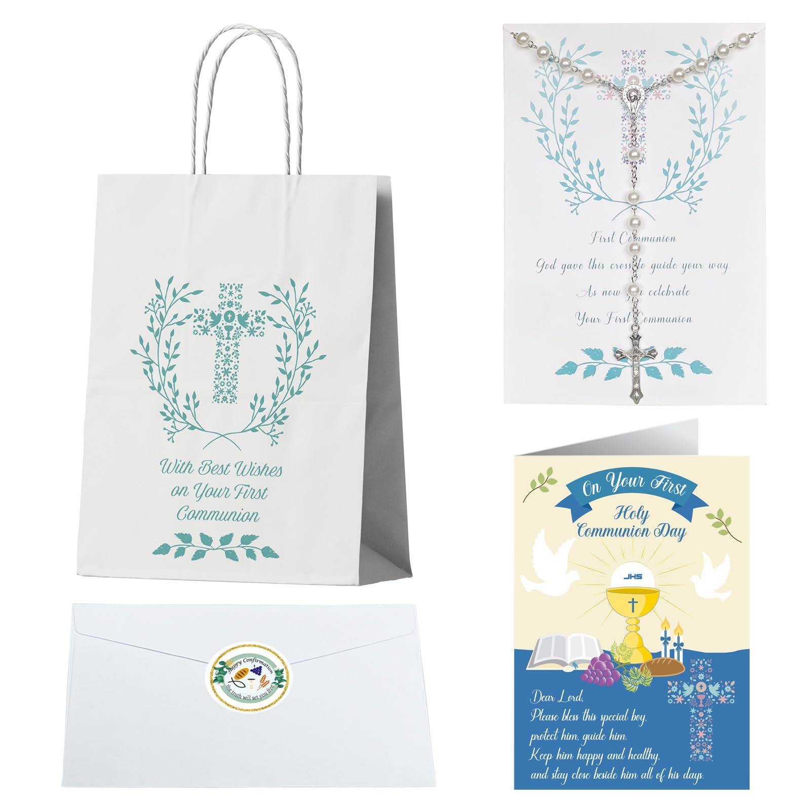 First Holy Communion Gifts for Boys, First Holy Communion Cards for Boys, Rosary Beads Catholic Pearl Cross Necklace for Kids, 1st Holy Communion Gift Bags for Boys(Blue)