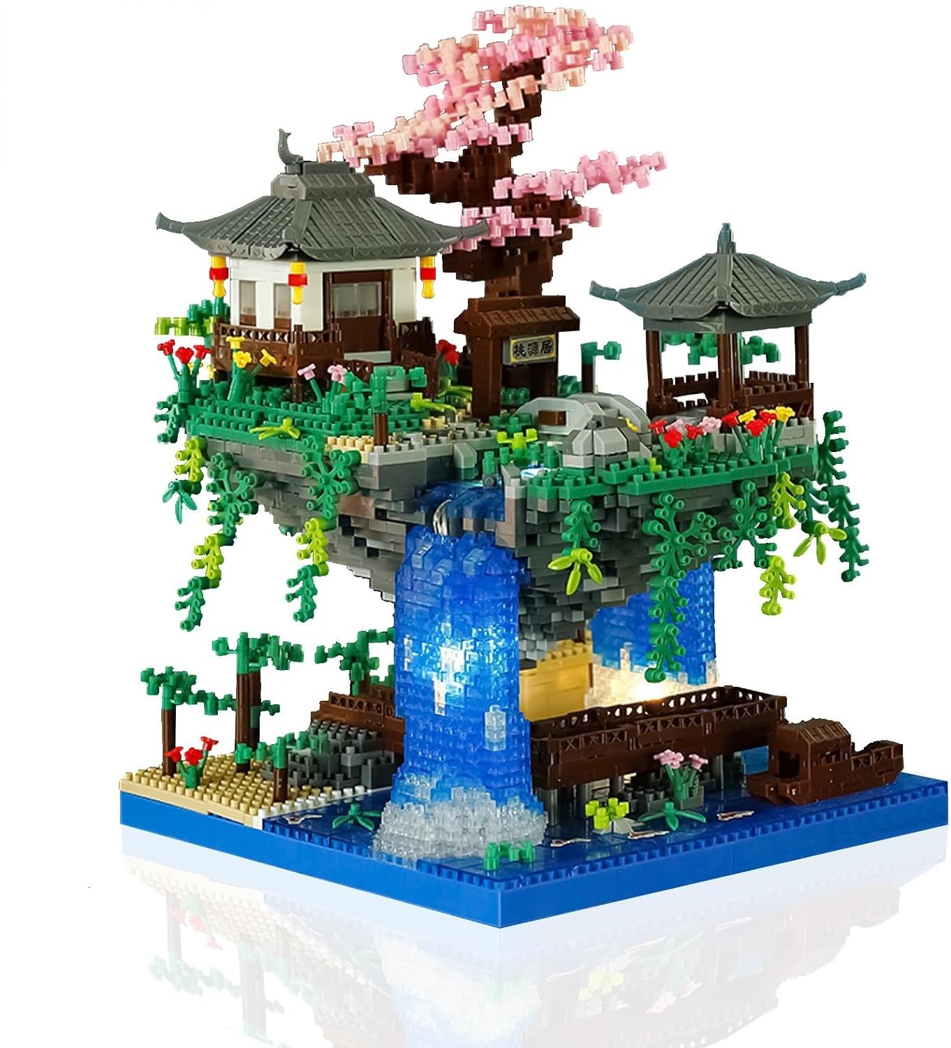 DYOUen Peach Blossom Lake Tree Micro Building Set Chinese Architecture Peach Blossom Pond Kits Floating Architecture Model Kit for Adults Kids Age 14+ (3320PCS) (style 2)