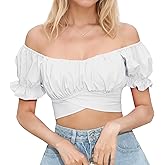 PUKAVT Women's Short Sleeve Crop Tops Summer Off Shoulder Blouses Ruffle Sexy Tie Back Top