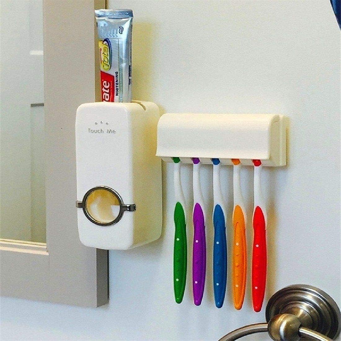 AVMART Automatic Toothpaste Dispenser and 5 Toothbrush Holder for Home Bathroom, Toothbrush Holder Wall Mounted, Toothpaste Holder with Brush Holder, Toothpaste Dispenser with Toothbrush Holder.