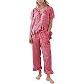 PEHMEA Womens Plaid 2 Piece Cotton Gingham Pajama Sets Short Sleeve Babydoll Shirt Ruffle Pants Y2K Lounge PJS Cute Sleepwear