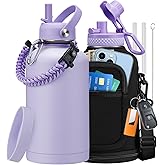 Half Gallon Water Bottle with Straw - Spout Lid, 64oz Insulated Water Jug Carrying Sleeve with Strap, Paracord Handle, Silicone Boot, Stainless Steel Metal Coldest Canteen for Women, Lilac Purple