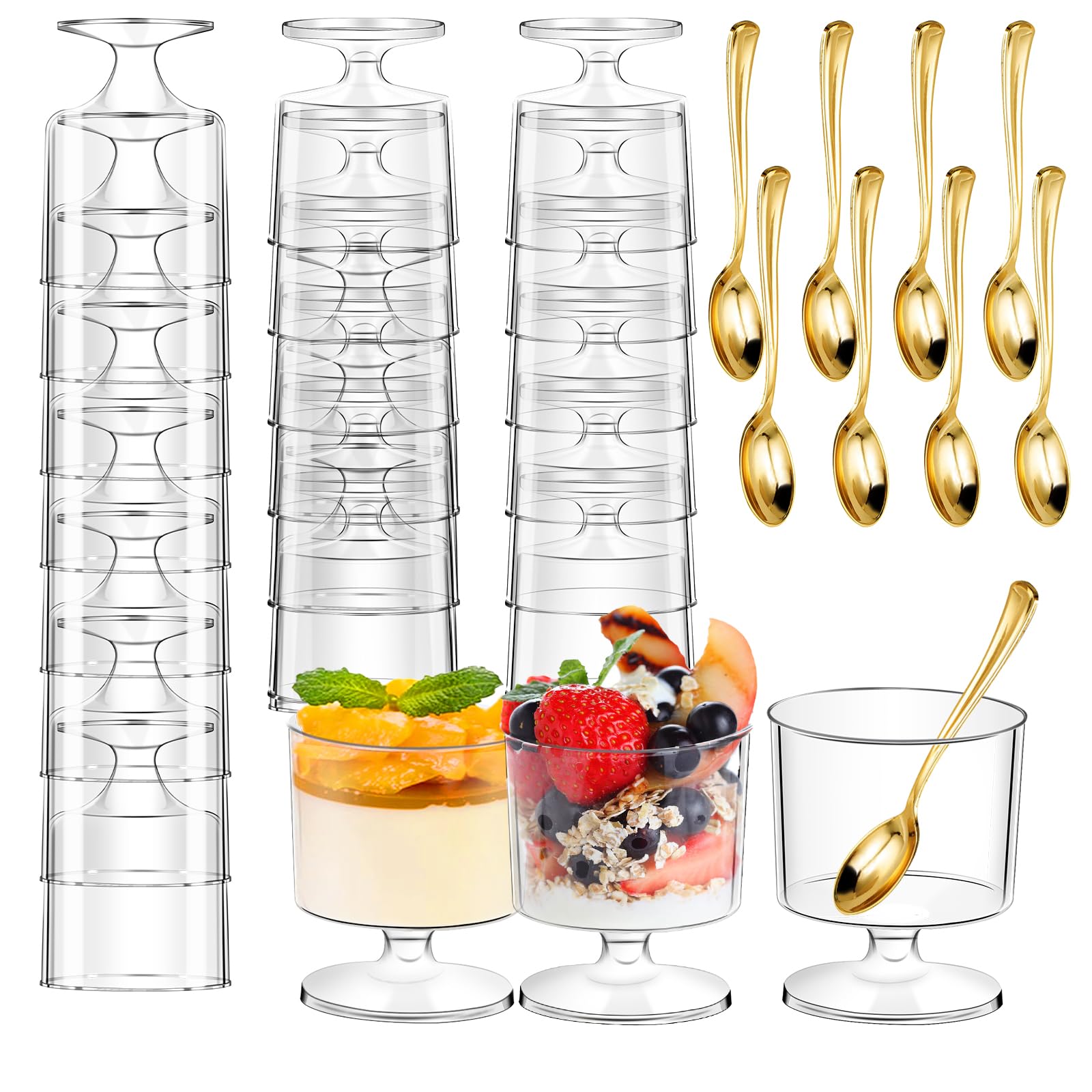 Photo 1 of DI QIU REN 120 Pcs 5oz Dessert Cups with Golden Spoon, Plastic Dessert Parfait Cup Clear Appetizer Pudding Cup, Round Serving Goblet Cups Shot Glasse (Round Goblet-60Pack)