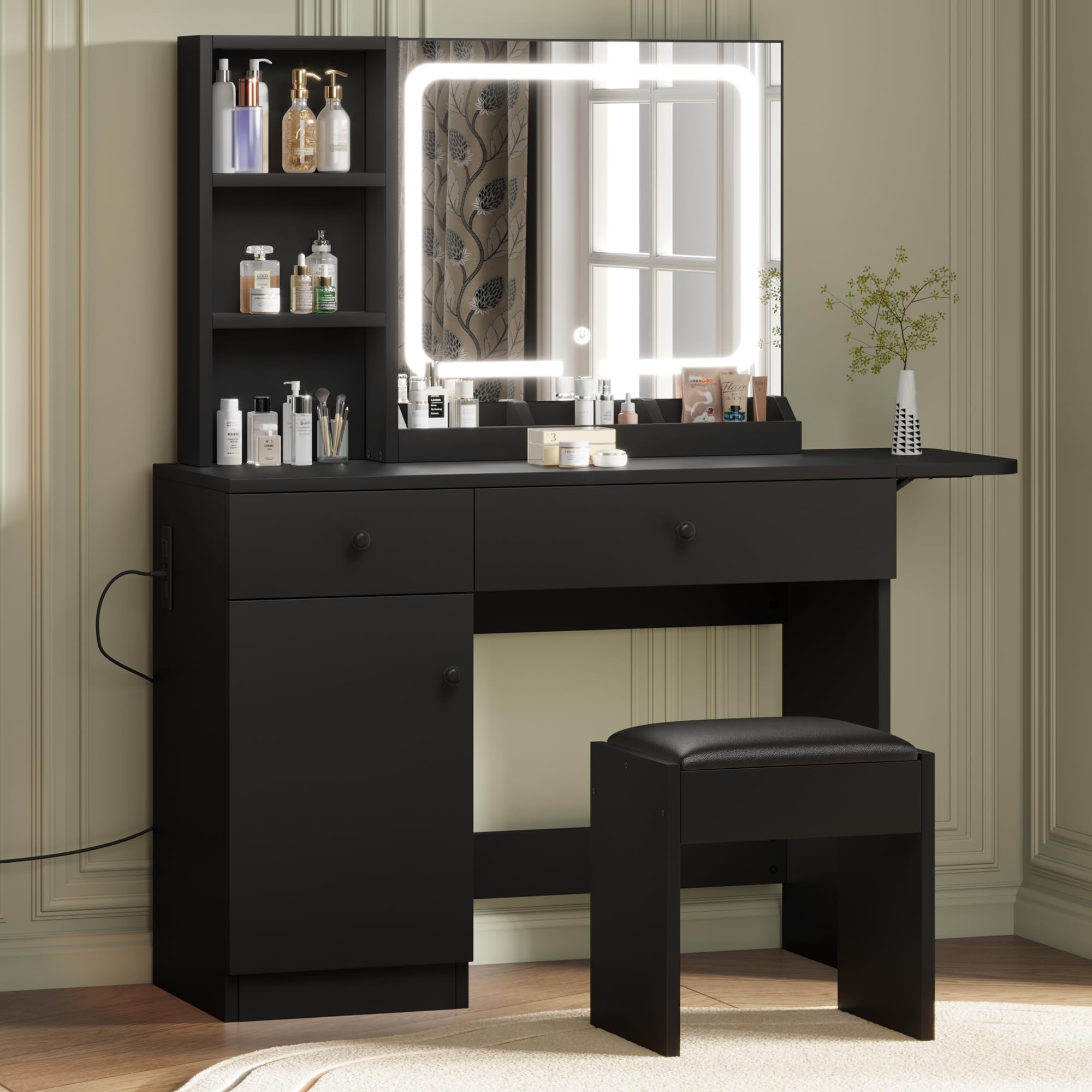 Photo 1 of ****ITEM MISSING PARTS AND UNABLE TO FULLY TEST****IDEALHOUSE Vanity Desk with Mirror & Light, Large Storage Space with 2 Drawers and 3 Tiers of Open Shelves, 3 Lighting Modes Adjustable Brightness, Bedroom Dressing Table, Black