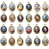 100pcs Mix Alloy Gold Picture Jesus Enamel Our Lady Miraculous Medal Charms Floral Rosary Center Virgin Mary Crucifix Pendant for DIY Catholic Jewelry Making 10mmx15mm (A589)