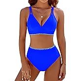BMJL Women's Bikini Sets V Neck High Waisted Swimsuits Shell Stitched Cheeky Two Piece Bathing Suit