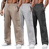 August Alley 3 Pack Men's Cargo Sweatpants Drawstring Thin Straight Leg Pants Casual Baggy Open Bottom Jogger with Pockets(Space Black, Light Gray, Apricot,Medium)