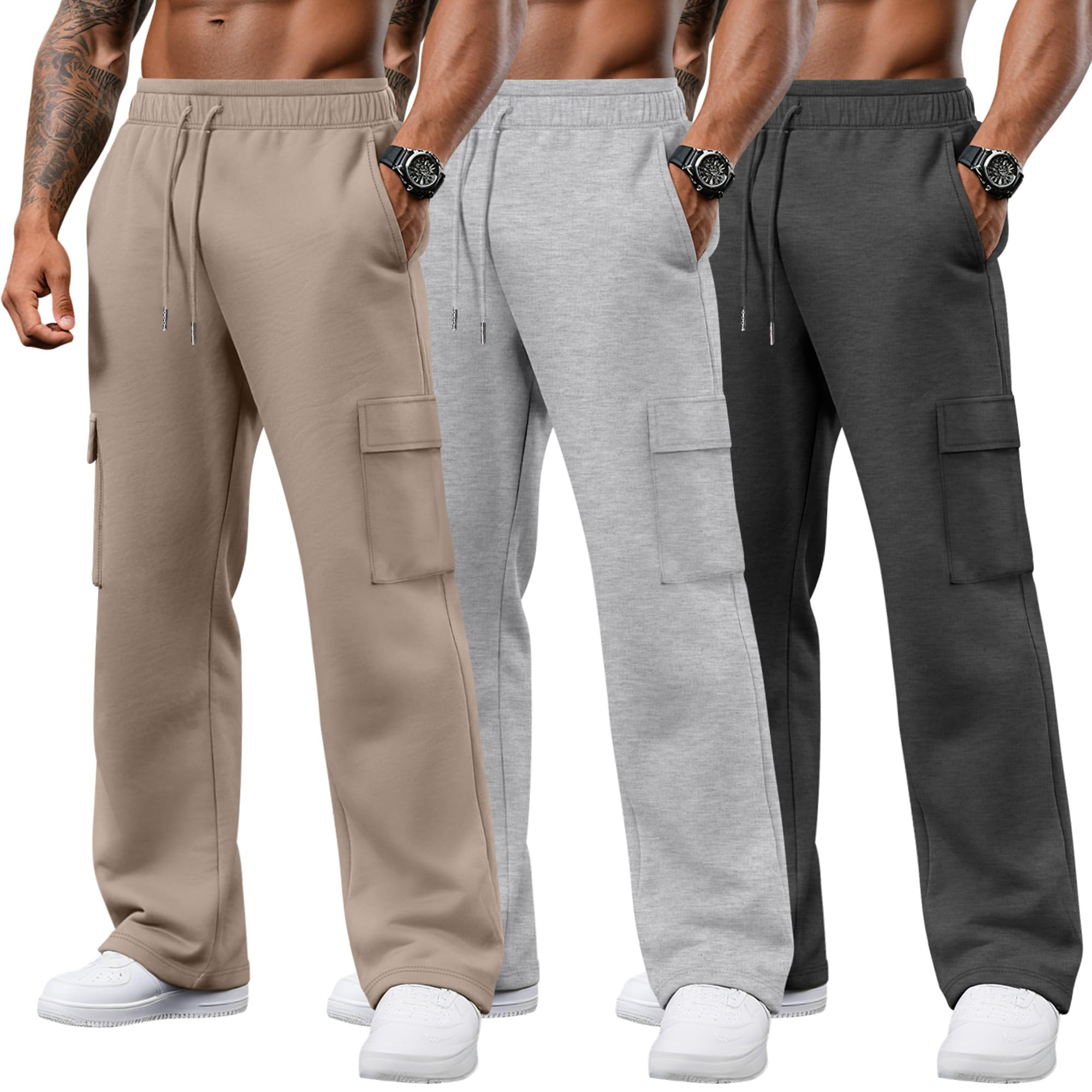 Photo 1 of August Alley 3 Pack Men's Cargo Sweatpants Drawstring Thin Straight Leg Pants Casual Baggy Open Bottom Jogger with Pockets(Space Black, Light Gray, Apricot,Medium)