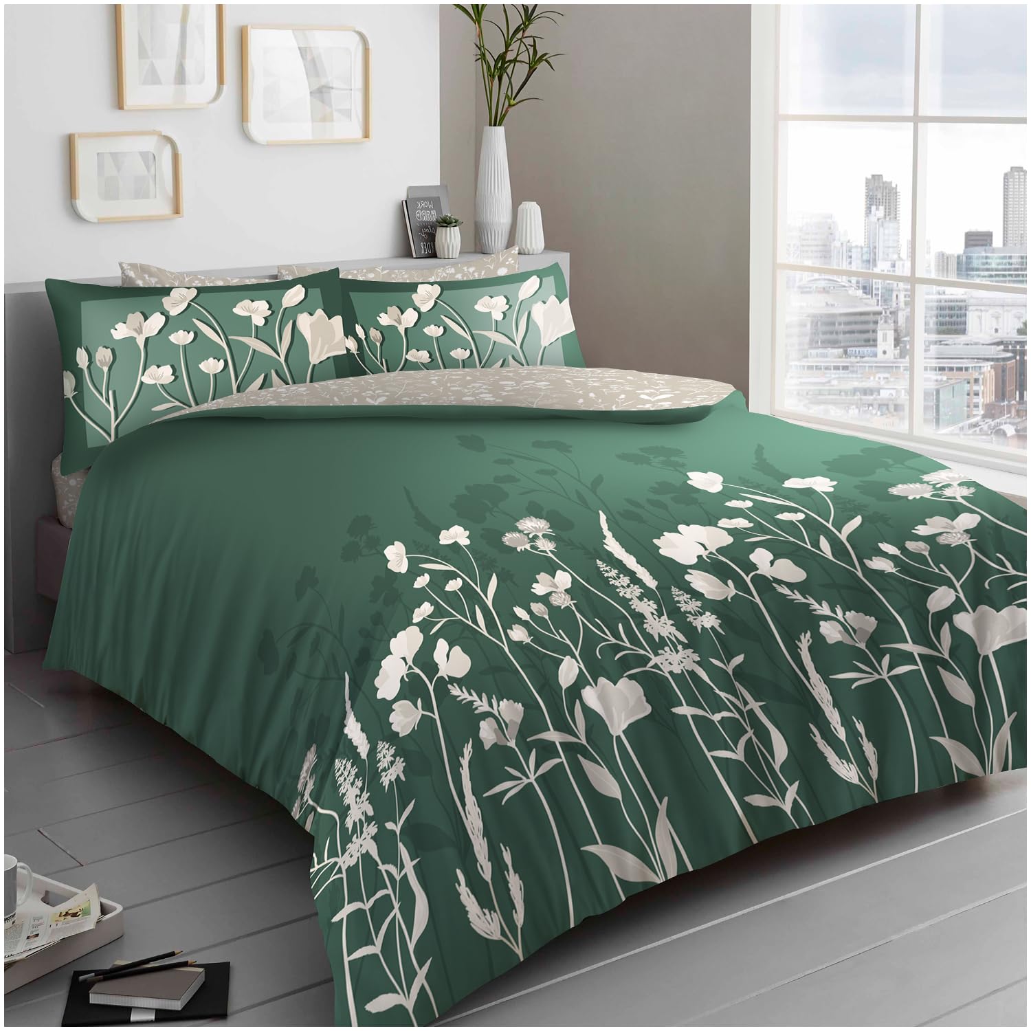GC GAVENO CAVAILIA Reversible Duvet Cover Double Bed - Blossom 3 Piece Double Bedding Set (200 x 200 m) with Button Closure - Easycare Washable Quilt Covers - Dark Green