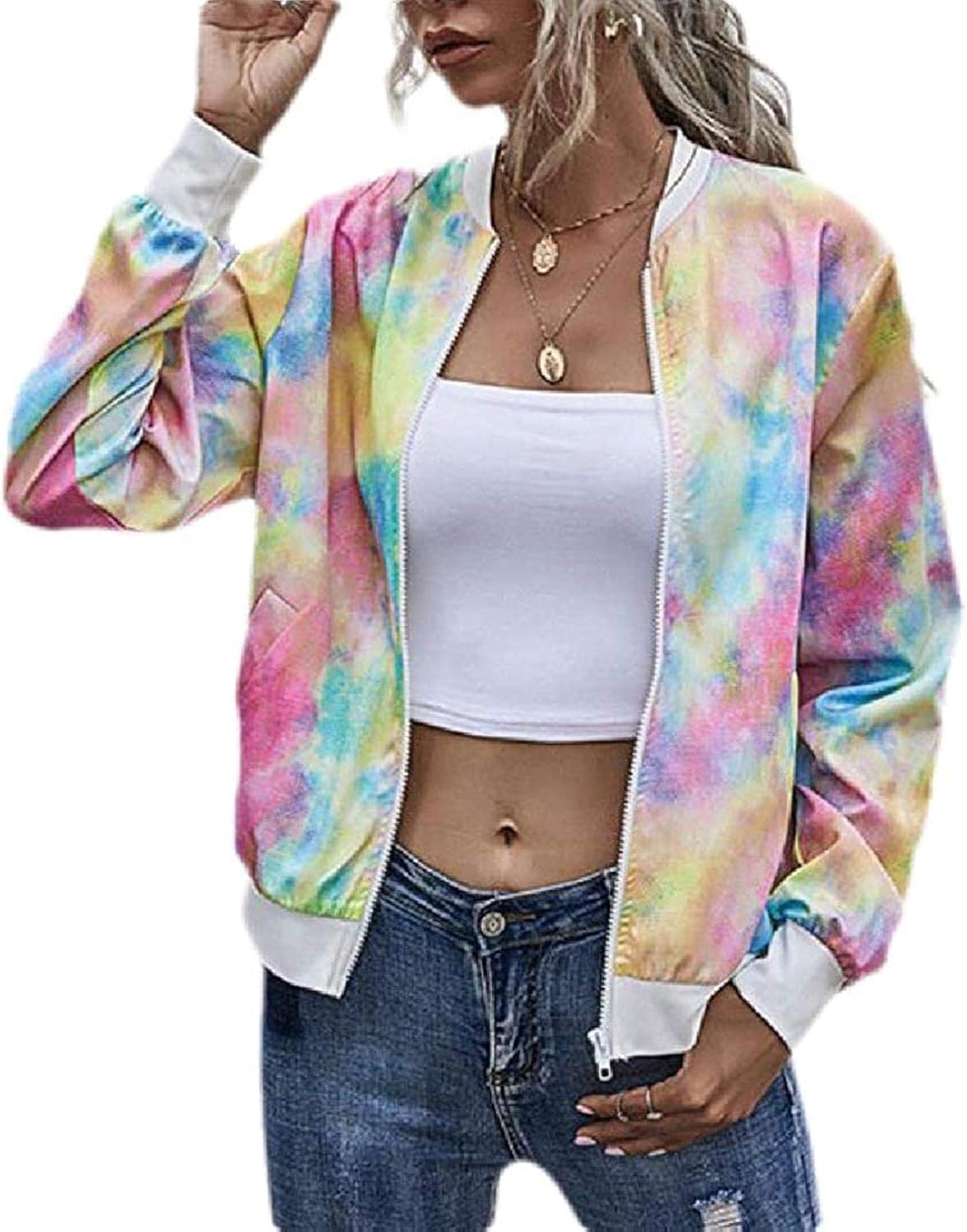Avis N Women's Zip Up Fashion Stand Collar Light Weight Tie Dye Print