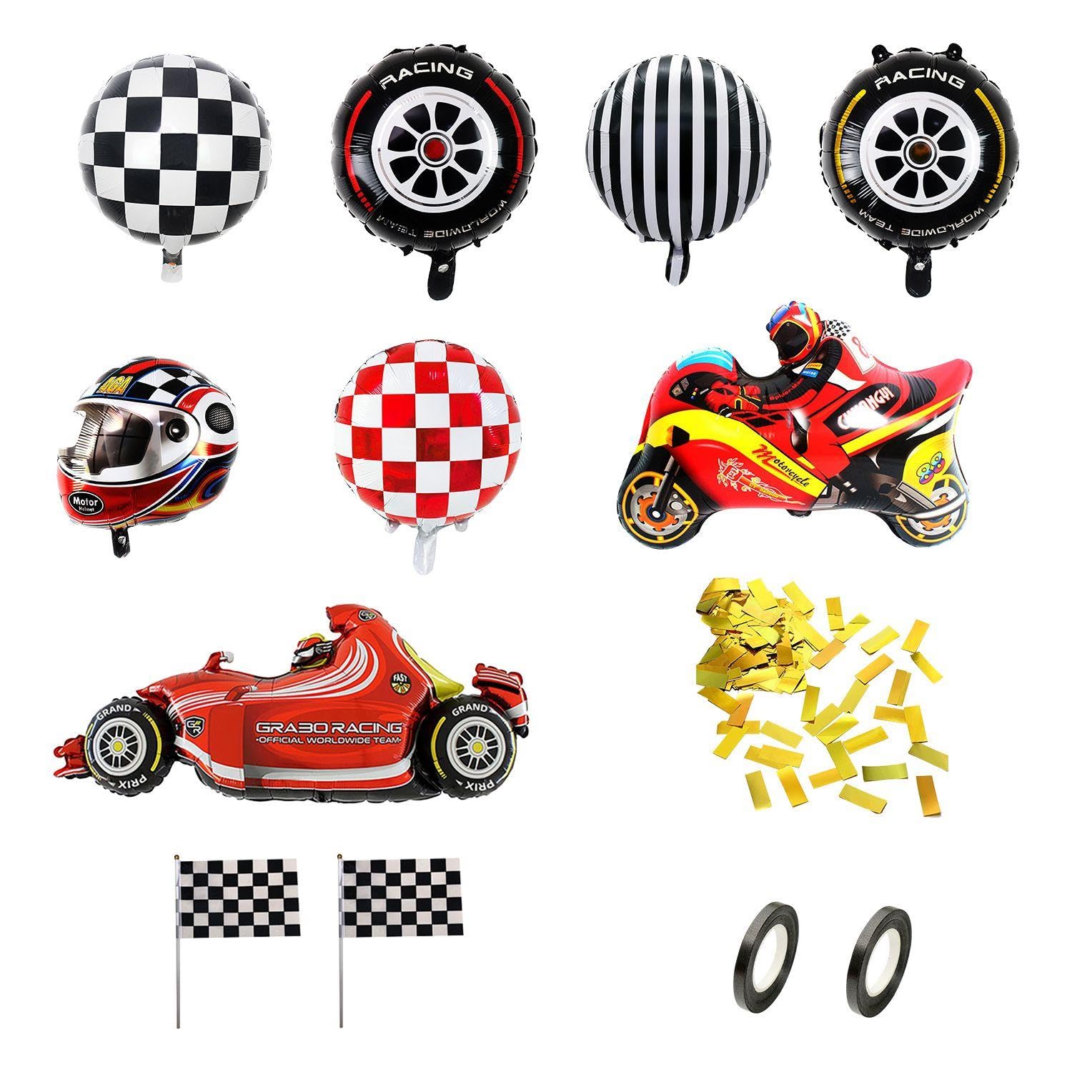 8 Pieces Of Racing Theme Balloons, 2 Pieces Of Hand-Waving Flags, 20G Of Confetti, 2 Rolls Of Balloon Ribbons, Racing Party Decorations, Racing Aluminum Film Balloons