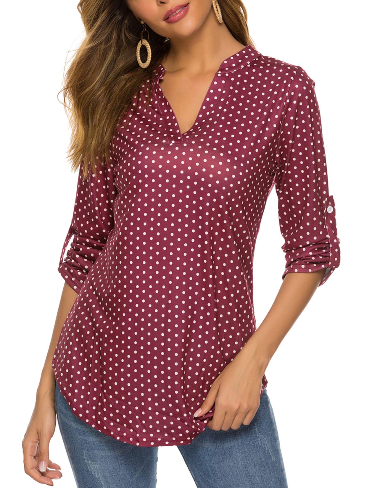 HalifeWomen's Roll Up 3/4 Sleeve Floral Print V Neck Tunic Blouses Tops Shirts