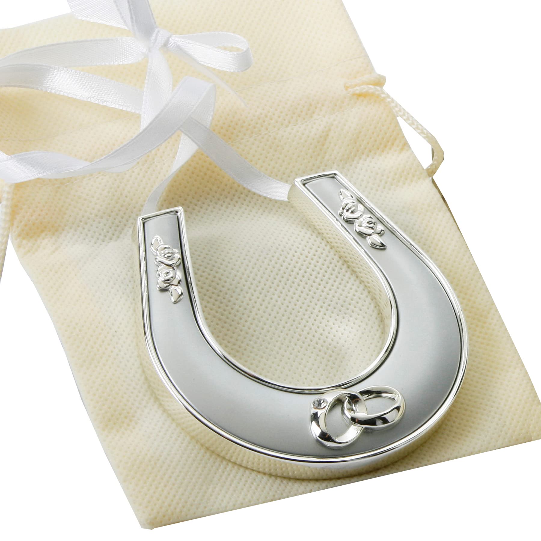 Widdle Gifts Wedding Horseshoe with Rings Silver Plated Icon/Diamante Detail with Keepsake bag and Gift Box 5323