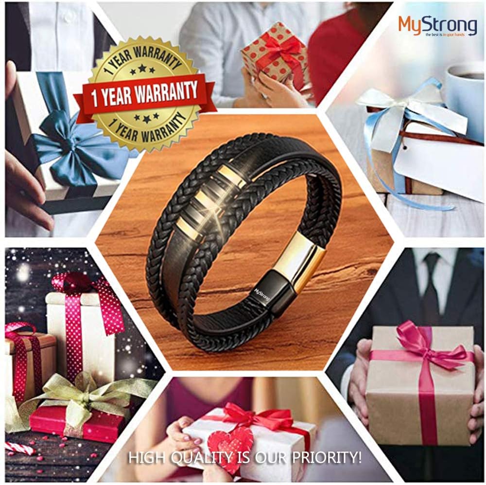 MyStrong Men's Leather Bracelet Stainless Steel Magnetic Clasp - Stylish Braided Mens Bracelets Wrist - Multilayer Leather Cuff Bracelet Magnet Closure - Charm Leather Bracelet for Men Women, Black: Clothing