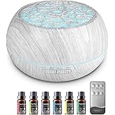 550ml Large Capacity Essential Oil Diffuser 6 Essentil Oil Set Aromatherapy Ultrasonic Air Humidifier with Timer and 7 Color LED Night Light Remote Control Waterless Auto-Off White Wood Grain