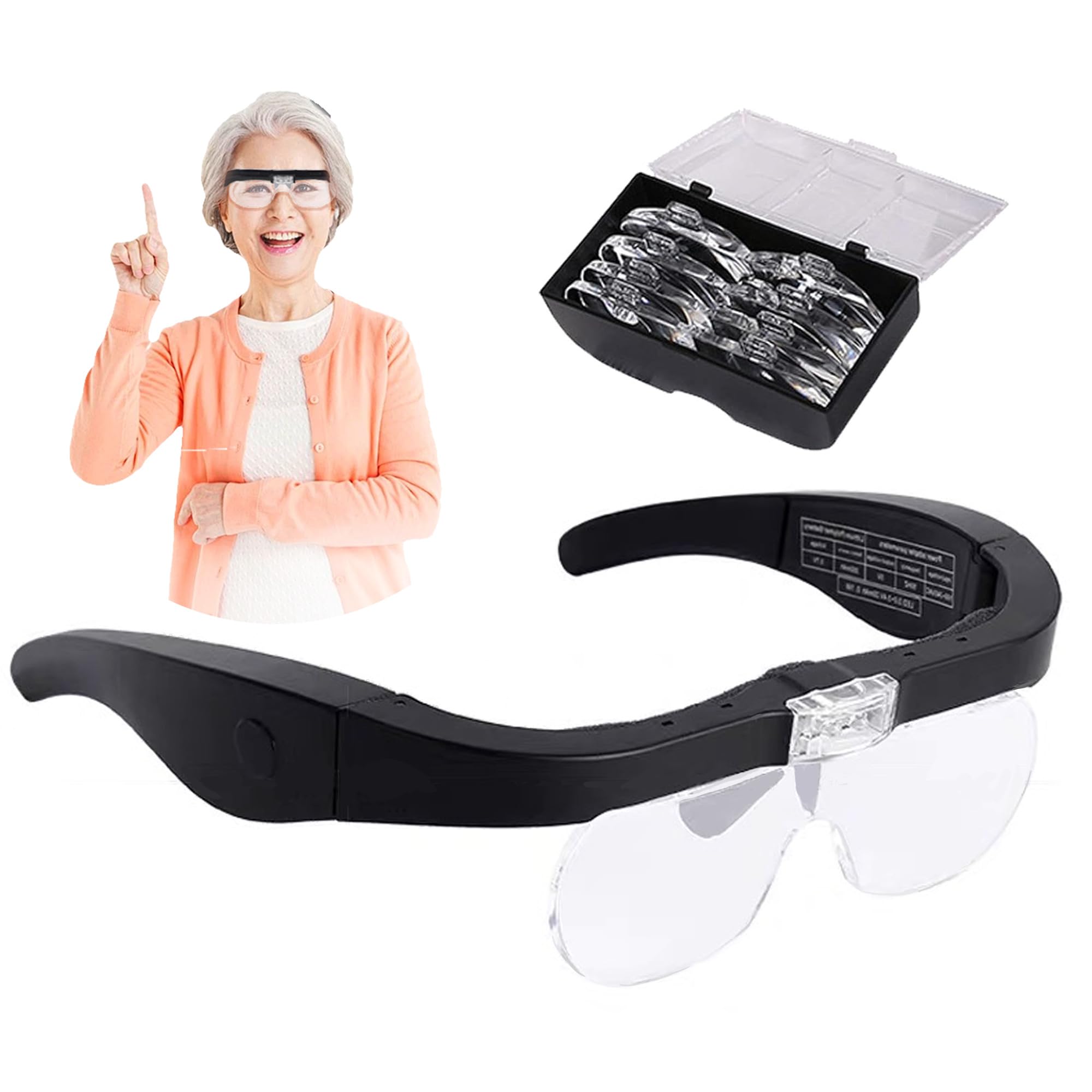 DXIA Head Mount Magnifier, Lighted Magnifying Headband Glass Loupe Visor with 2 LED Light,Adjustable 4 Lens Loupe, for Close Work, Jewelry Work, Watch Repair, Arts & Crafts, Reading Aid